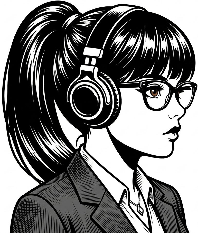 Eden, the Chief of Staff: a line portrait of a focused woman in a blazer wearing over-ear headphones.